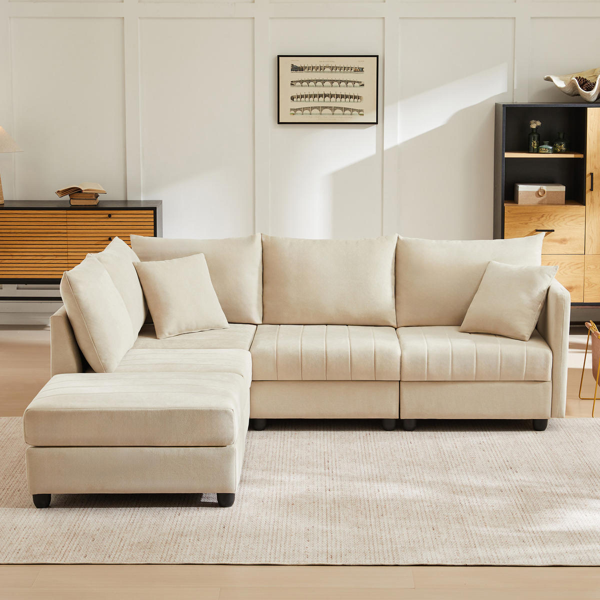 WOHNLANDSCHAFT aus Baumwolle und Leinen 220x194x85 cm mit flexiblem Hocker, beige - Beige, Textil (194/85/220cm) - Luhomfu