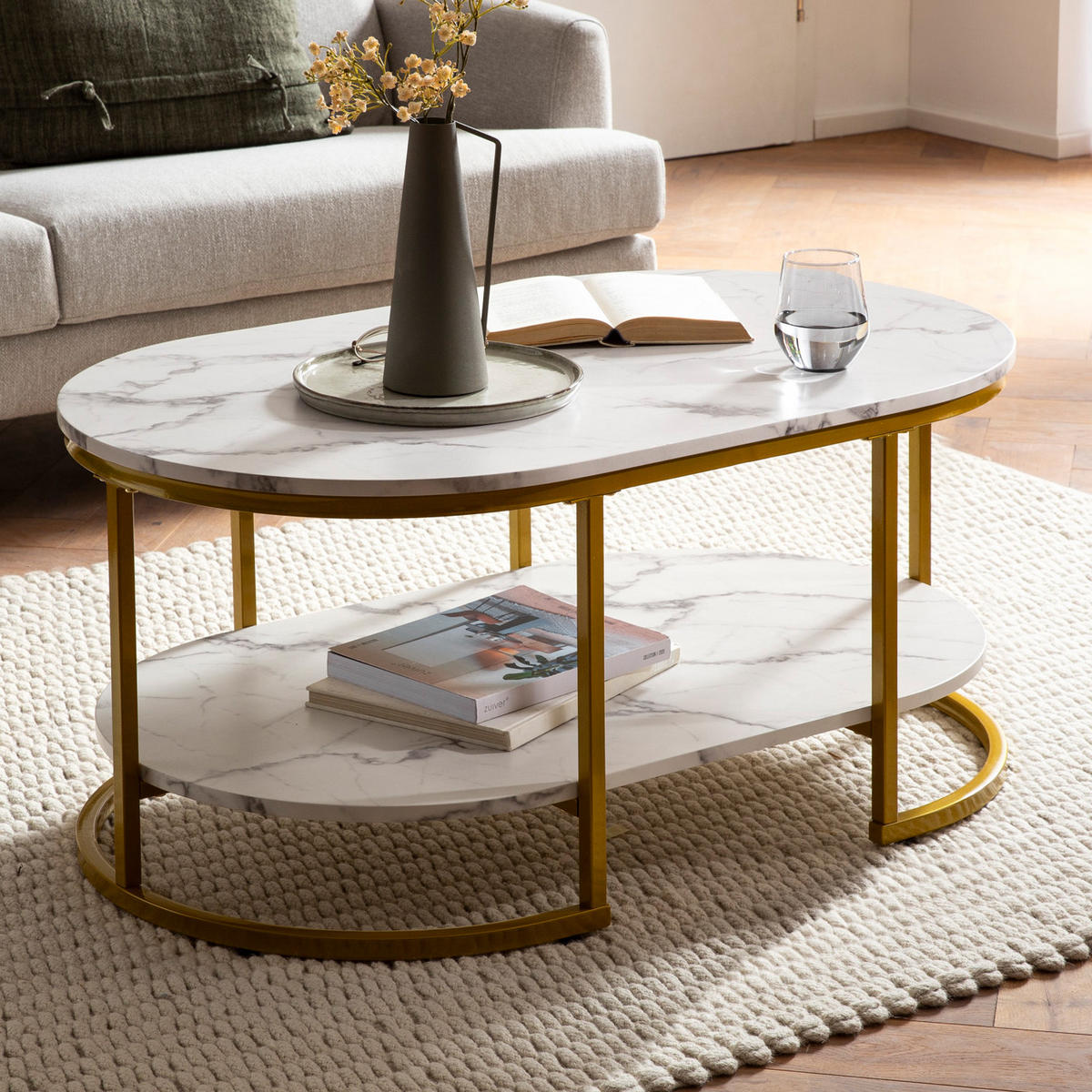 COUCHTISCH mit Marmor Optik, rechteckig, Ablage, goldenes Metallgestell, Weiß 100x60x45 cm - Goldfarben/Weiß, Holzwerkstoff/Metall (60/100/45cm) - KADIMA DESIGN