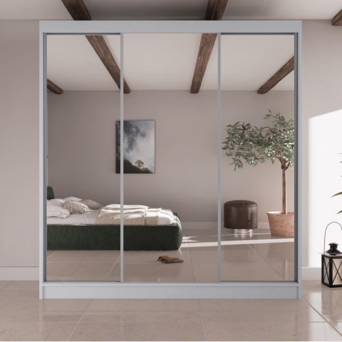 SCHRANK Weiß V200 Mit Spiegel Auf Fronten - Transparent/Weiß, Holzwerkstoff (200/215/61cm) - Sepro Meble
