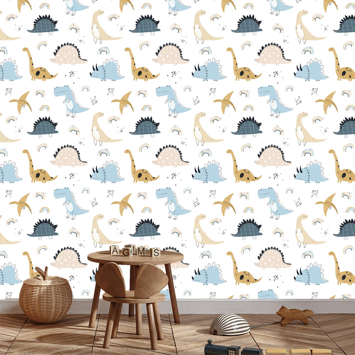 VLIESTAPETE Pastell-Dinosaurier – Blau, Beige, Weiß – 50x1000 cm - Blau/Beige, Papier (50/1000cm) - Muralo