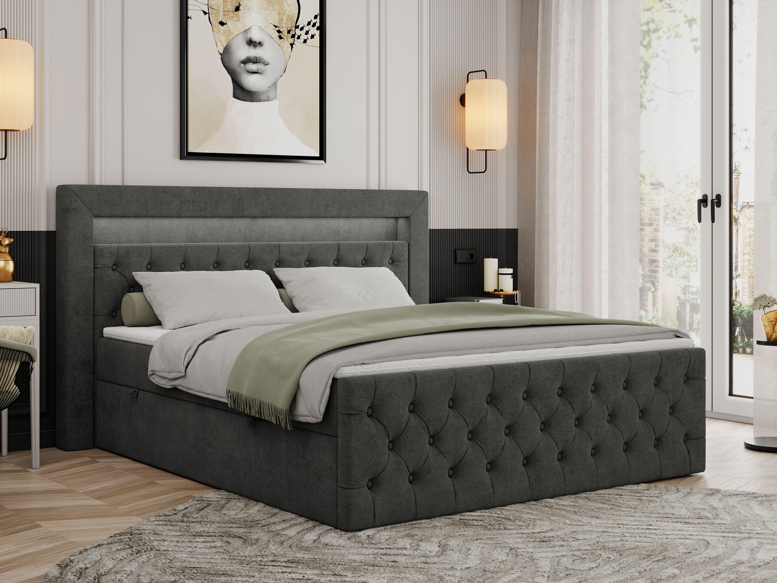 BOXBETT GOLD-9 LED 120/200 Dunkelgrau Struktur - H3 - Dunkelgrau, Holz/Textil (120/200cm) - MKS