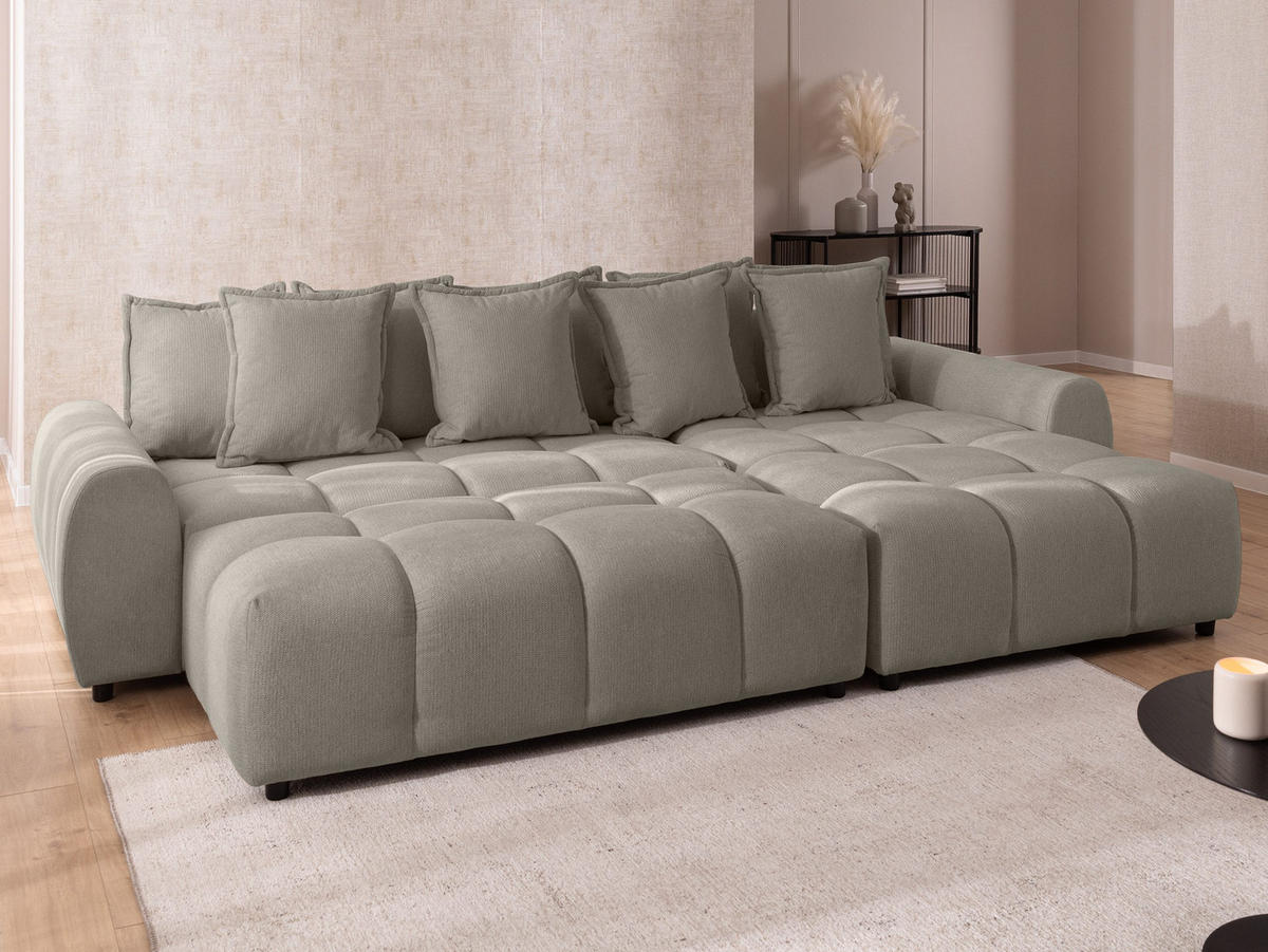 ECKSOFA inkl. Hocker Bubble mit Schlaffunktion und losen Rückenkissen, Sitzfläche Bubble-Optik aus weichem Taupe Strukturstoff - Ottomane Rechts - Taupe/Schwarz, Holz/Kunststoff (306/180cm) - S-Style Möbel