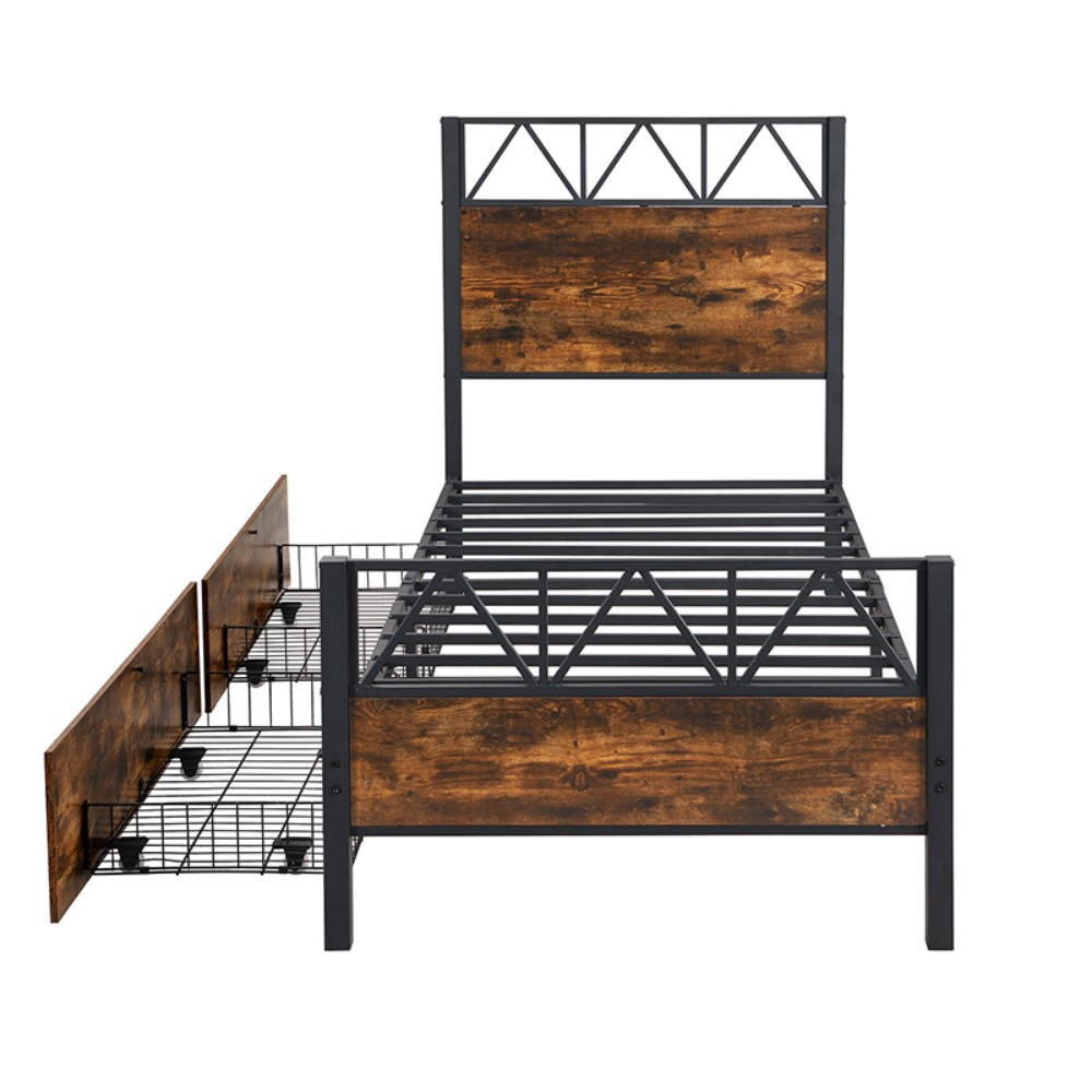 METALLBETT 90x200cm in Schwarz + Walnuss mit Zwei Schubladen - Walnussfarben, Metall (90/200cm) - KOMHTOM