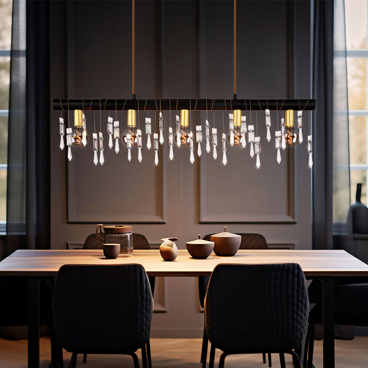 HÄNGELEUCHTE Glaskristalle Schwarz Textilkabel - Schwarz, Holz (90/6/120cm) - Globo Lighting