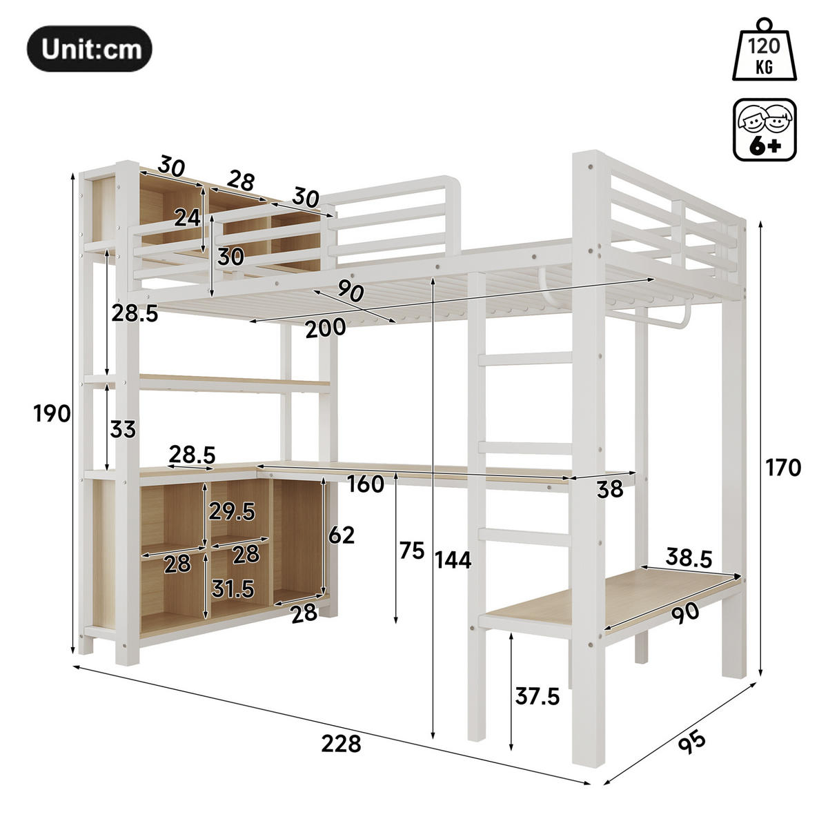 HOCHBETT Metall & MDF 90x200 cm Weiß mit Schreibtisch, Regalen und Kleiderstange - Weiß, Holzwerkstoff (90/200cm) - Modfu