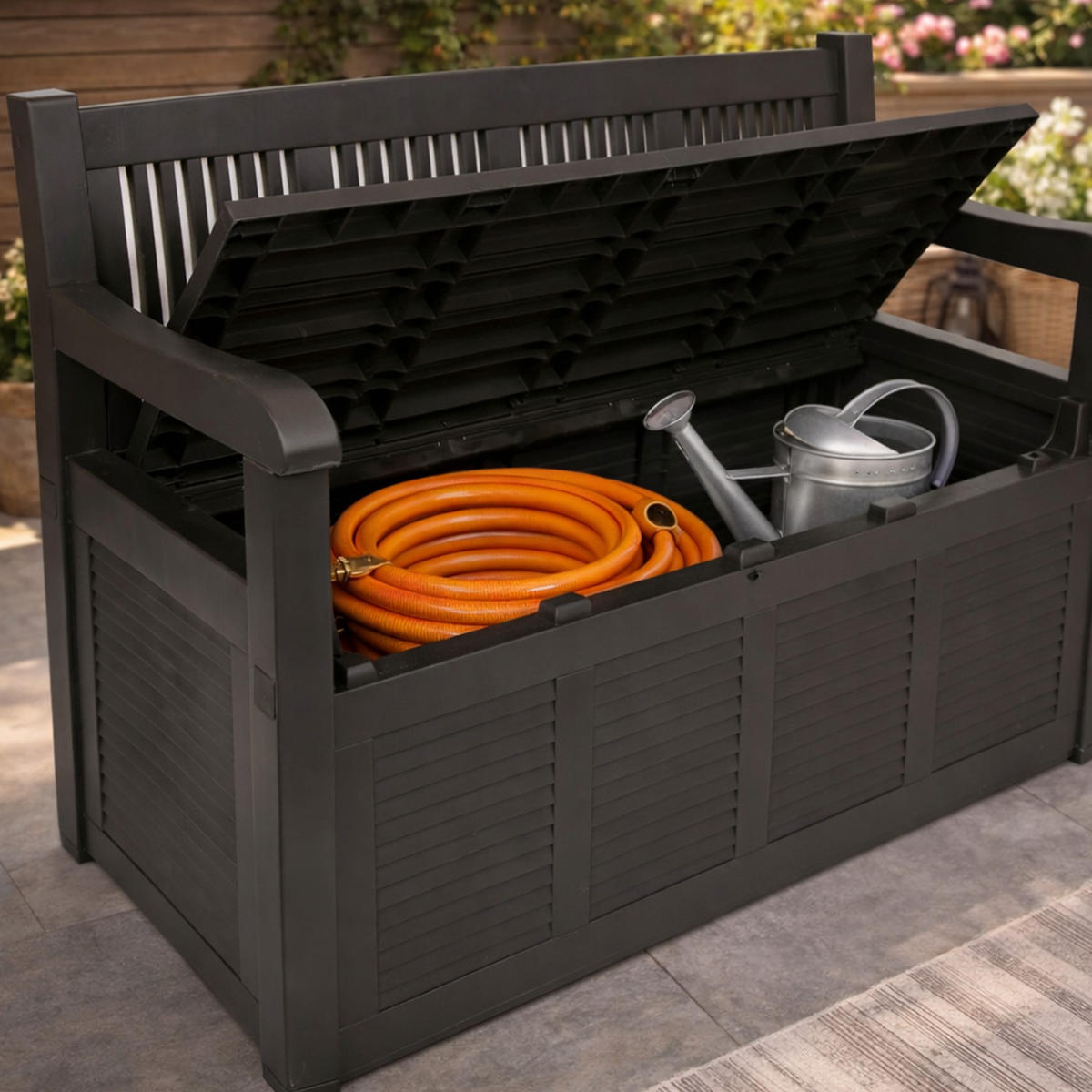 GARTENBANK inkl. Stauraum - Schwarz, Kunststoff (60/85/130cm) - Bestlivings