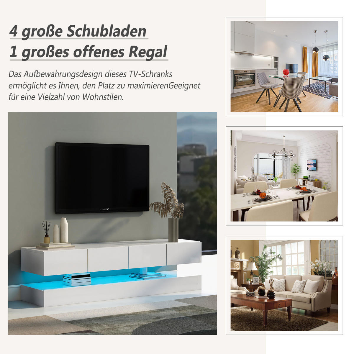 TV-ELEMENT wandhängend 130 x 33 cm MDF White mit LED-Beleuchtung - Weiß, Holzwerkstoff (33/15/130cm) - Beauniv