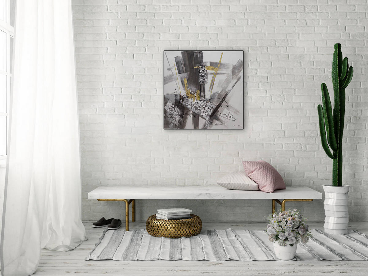 RUČNE MAĽOVANÝ AKRYLOVÝ OBRAZ 60/60 cm, sivý, abstraktný geometrický motív - sivá, drevo/textil (60/60cm) - KUNSTLOFT