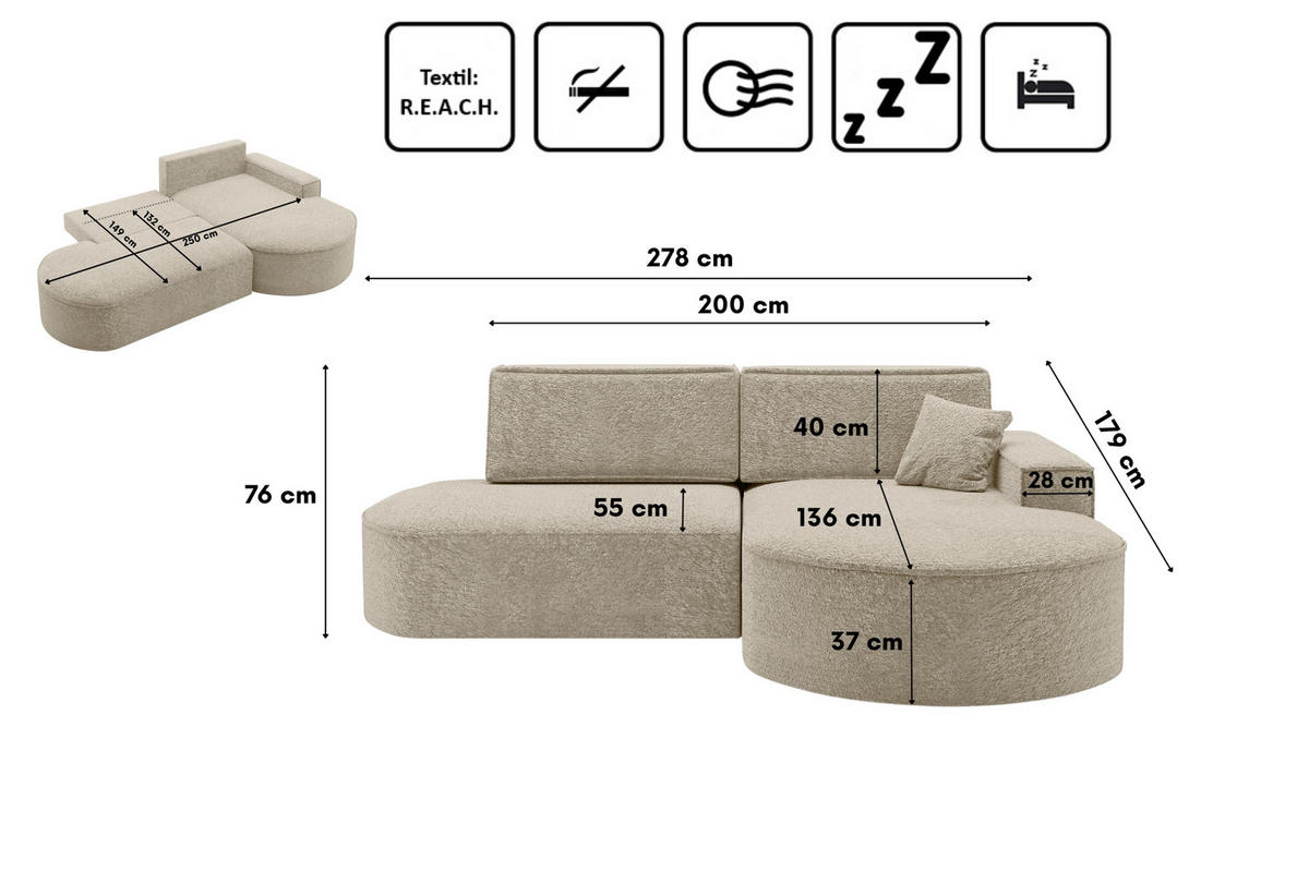 ECKSOFA Modena Pro - Komfort Und Stil stoff Arena Beige Rechts - Beige, Holz (278/179cm) - Kaiser Möbel