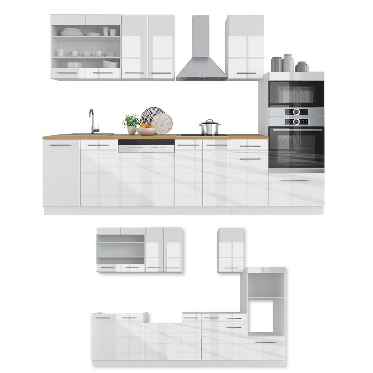 PENTRY Fame-Line Vit högblank/vit 300 cm med högskåp, utan bänkskiva - Vit/Vit högglans, Träbaserade material (300/153.6/46cm) - Vicco