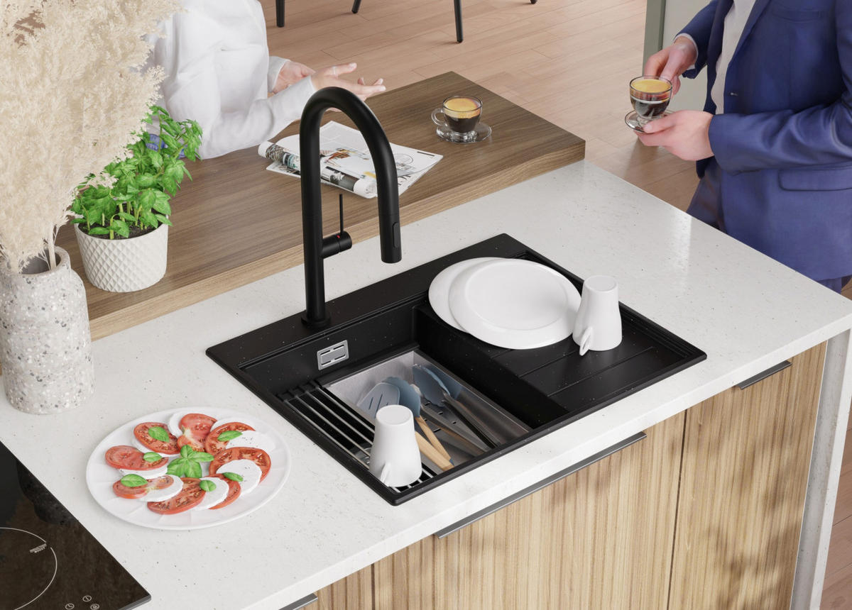 SPÜLBECKEN Sydney, 2-er set Schwarz Metallic 62/50 cm 1 Becken + Ablauf-Set + Küchenzubehörset ab 40er Unterschrank - Chromfarben/Schwarz Hochglanz, Kunststoff (62/20/50cm) - Primagran