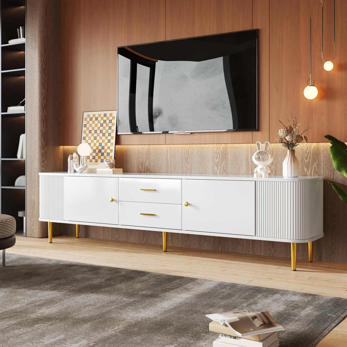 TV-ELEMENT170X34X45CM Weiß mit goldenen Beinen und abgerundeten Ecken - Weiß, Holz (40.64/34.29/57.15cm) - Raelunyi