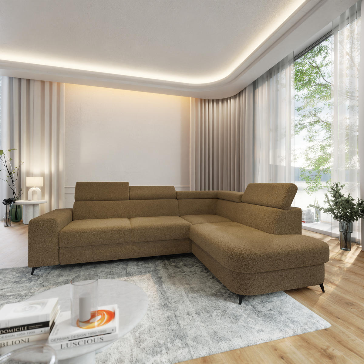 ECKSOFA ALVORO R-S Orange Boucle-Stoff mit Schlaffunktion - Orange, Holz (253/190cm) - MASSENO