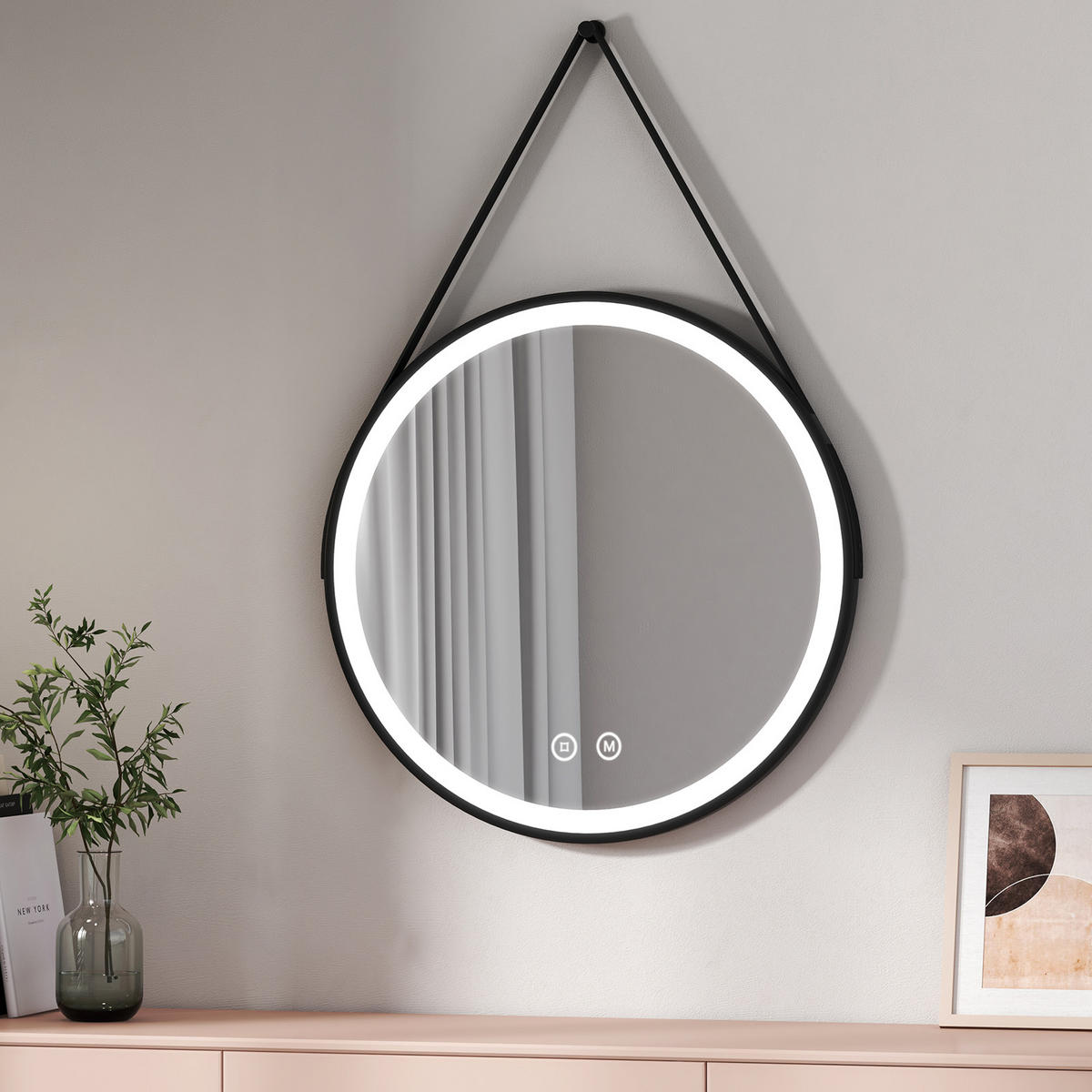BADSPIEGEL Rund mit Touch-Schalter Beleuchtung mit Hängeriemen Schwarz ф70 cm - Schwarz, Glas (70/3/70cm) - EMKE