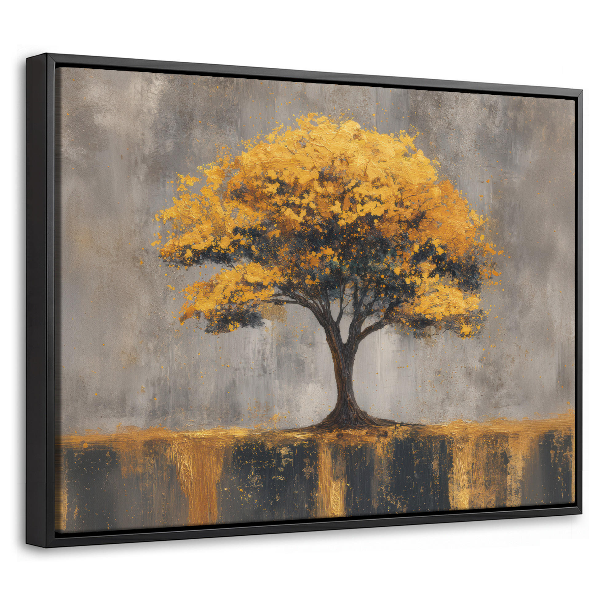 LEINWAND Bilder mit Rahmen - Baum - Blätter - Gold - Abstrakt - 40x30 - Grau, Textil (40/30cm) - MuchoWow