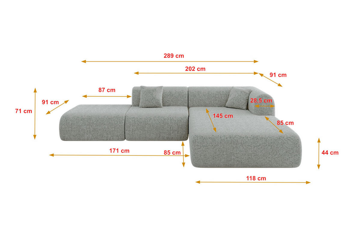 ECKSOFA Ottomane Rechts OVLY-L 289x176x71 Grün Chenille - Dunkelgrün/Schwarz, Holzwerkstoff/Kunststoff (289/176cm) - ALTDECOR