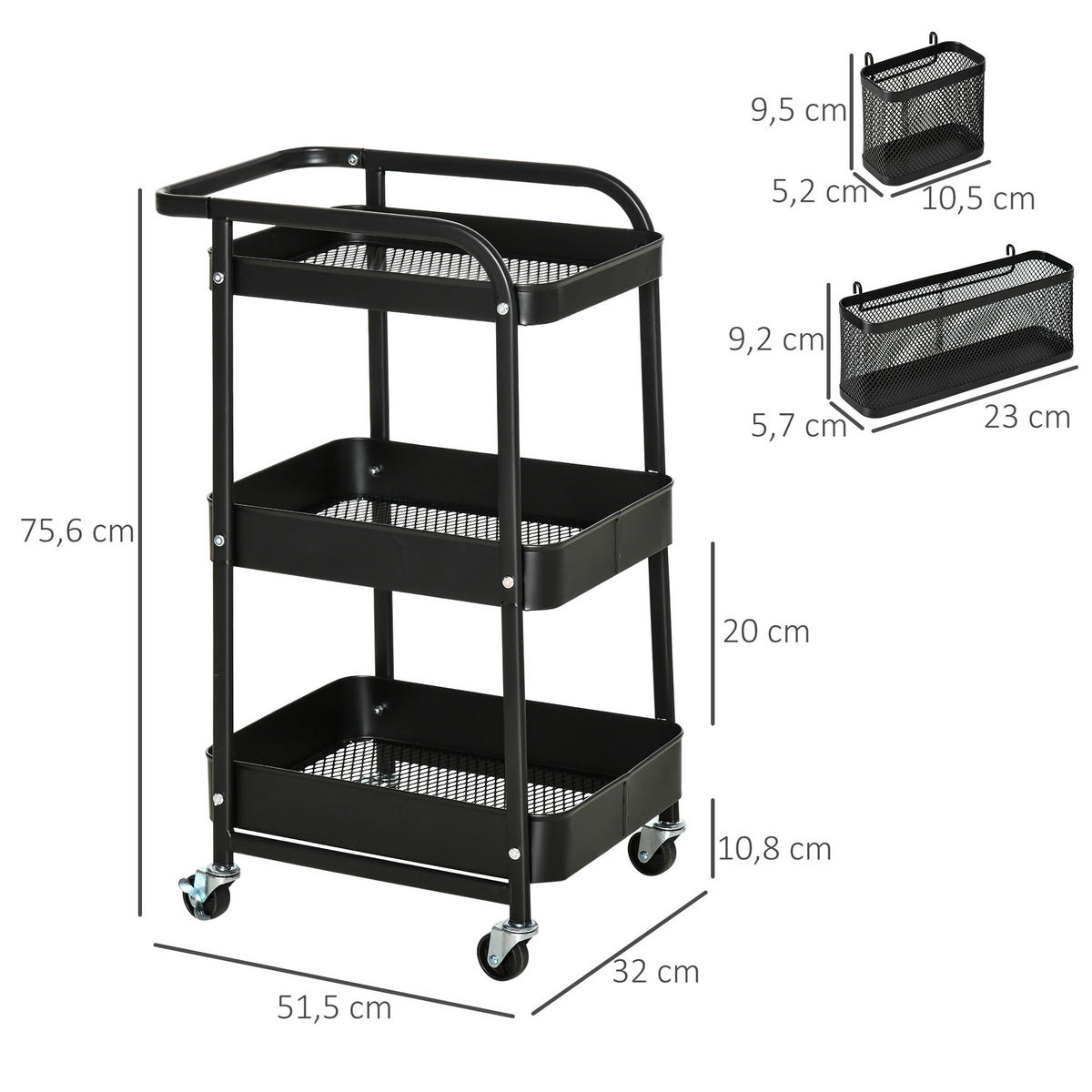 SERVIERWAGEN mit 3 Ebenen Küchenwagen mit Rollen, Griff, Haken und Korb Schwarz - Schwarz, Metall (32/75.6/51.5cm) - HOMCOM
