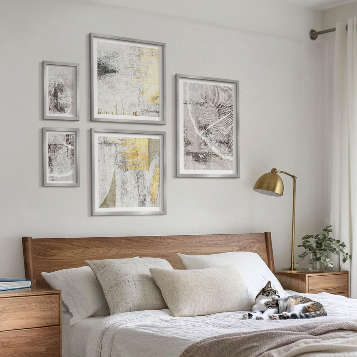 WANDBILDER 5er Set - 50x50 cm & 20x30 cm & 40x60 cm Silberner Rahmen - Beige abstrakte Formen Linien - Silberfarben, Kunststoff (40/60cm) - ArtPrintCave