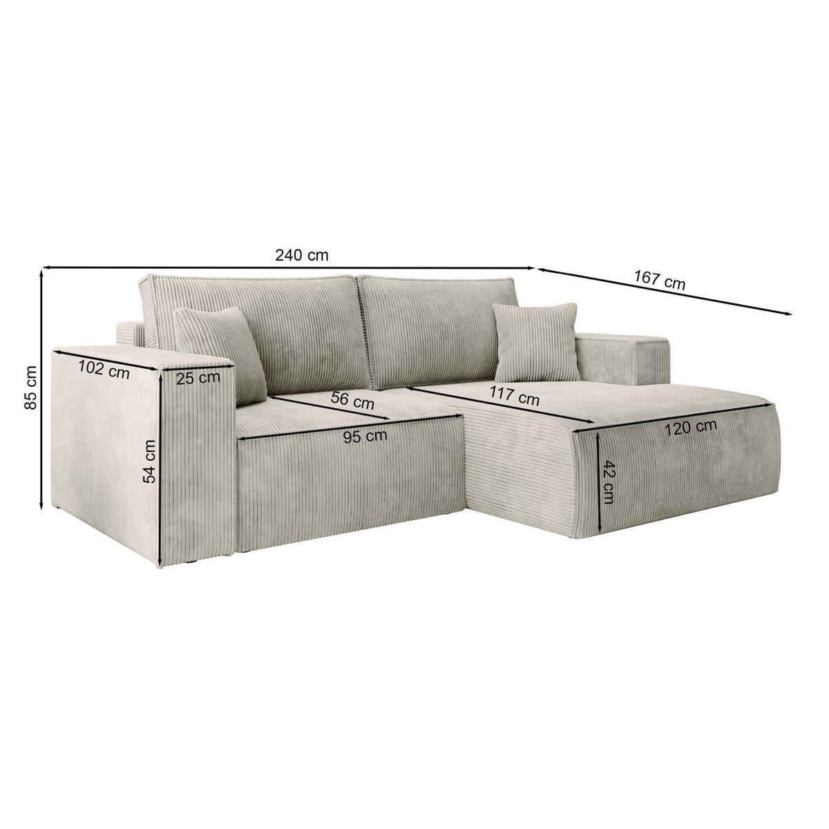 ECKSOFA Farese Mini mit Cordbezug Beige, links - Beige/Schwarz, Textil (240/167cm) - Selsey