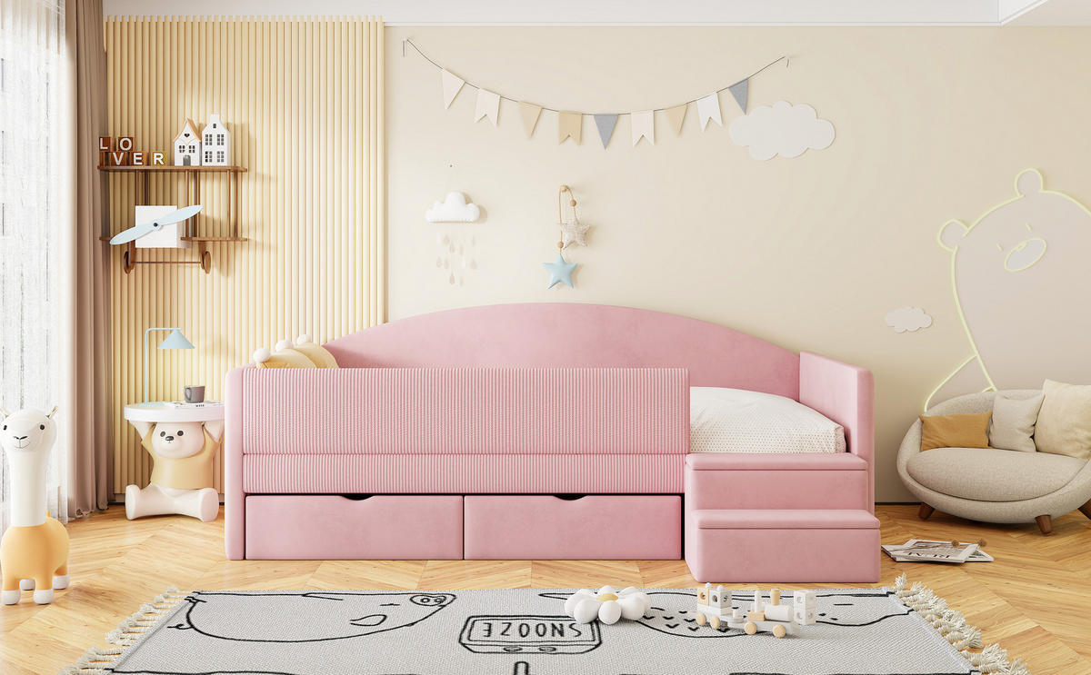 POLSTERBETT 90/190 mit Schubladen, Stufen und Sicherheitsgeländer in Rosa - Rosa, Holzwerkstoff/Textil (90/190cm) - EVRYAE