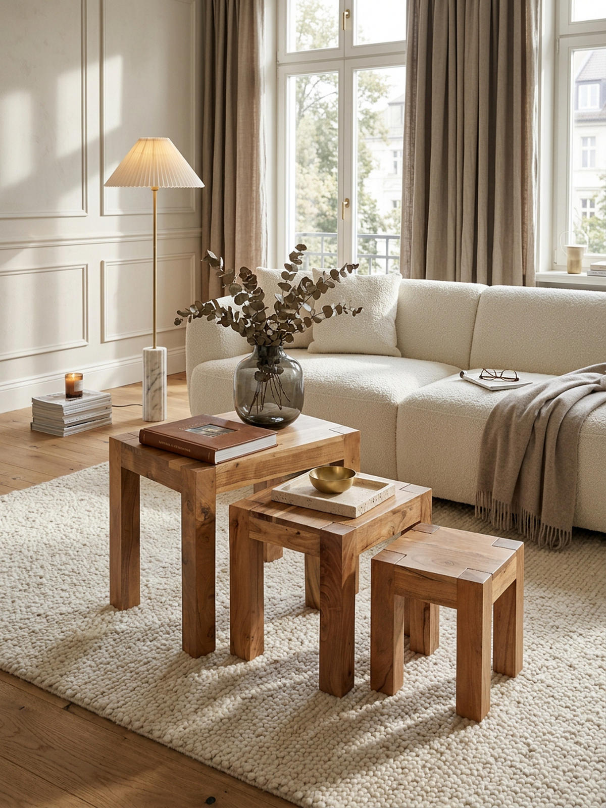 BEISTELLTISCH 3er Set Massivholz Platzsparend Landhausstil NAKO, Beige 50x36x45 cm - Beige, Holz (36/50/45cm) - KADIMA DESIGN