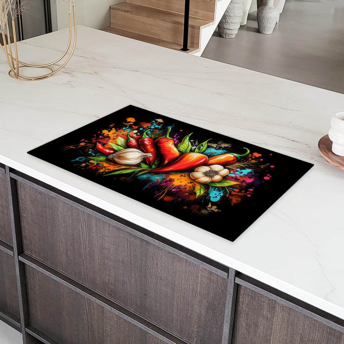 HERDABDECKPLATTE Gemüse - Paprika - Knoblauch - Graffiti - Farbe - Bunt 90x52 cm - Rot, Kunststoff (90/0.2/52cm) - MuchoWow
