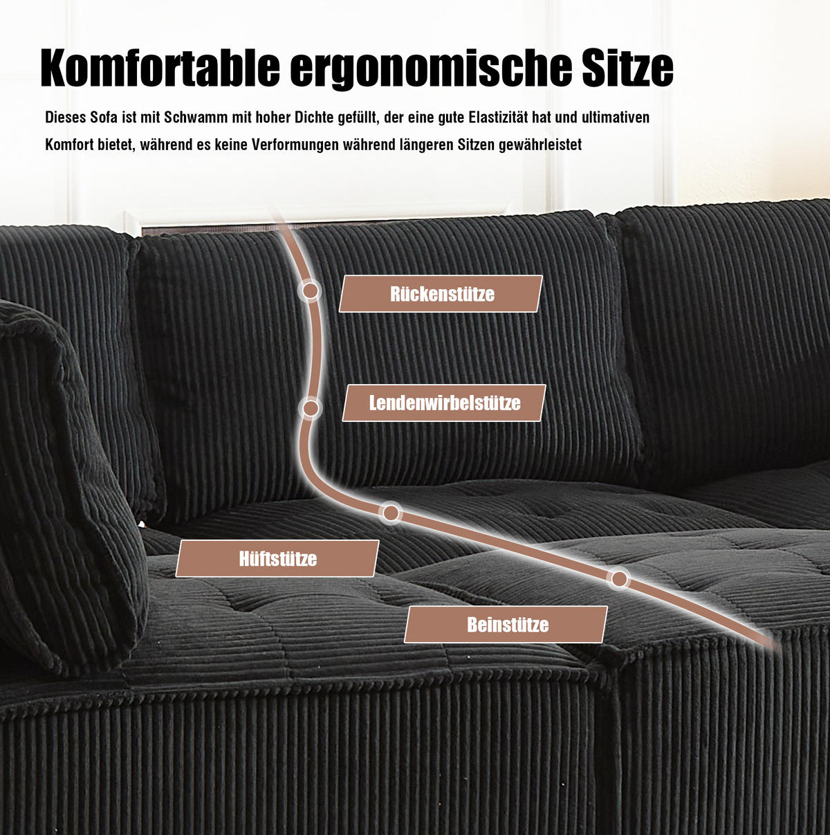 WOHNLANDSCHAFT 308/154/82 cm in Schwarz aus Cord, modular und als SchlafWohnlandschaft nutzbar - Schwarz, Textil (154/82/308cm) - Flora Grace
