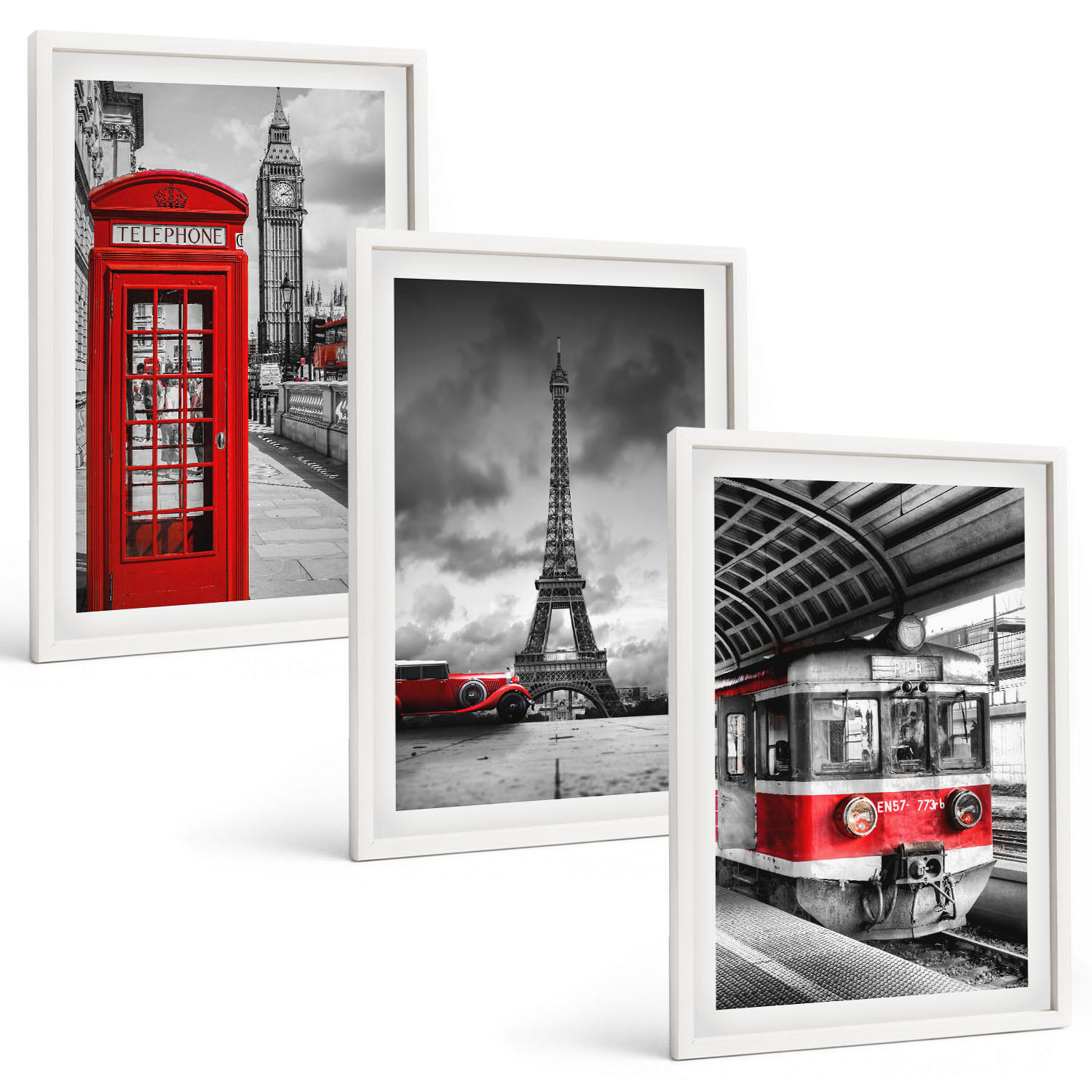 BILDER SET 3er Set - 40x60 cm Weißer Rahmen - Ikonen London Paris Verkehr - Weiß, Kunststoff (40/60cm) - TULUP