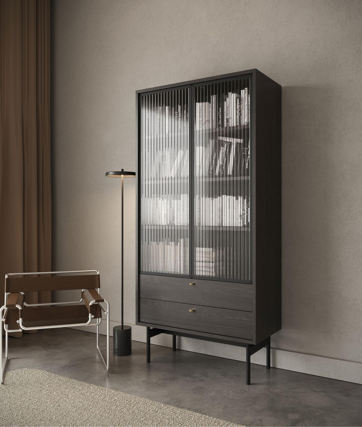 VITRINE Olar mit Holzoptik Esche Portland Schwarz 85 cm - Goldfarben/Schwarz, Holzwerkstoff/Metall (85/179/41cm) - Selsey