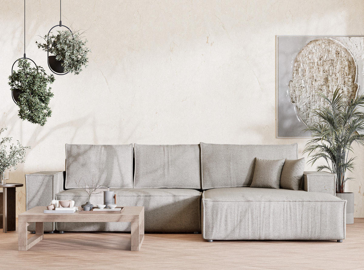 ECKSOFA MIT SCHLAFFUNKTION Maze Seidengrau Webstoff - Greige/Schwarz, Holz/Holzwerkstoff (294/185cm) - Maison de Reve