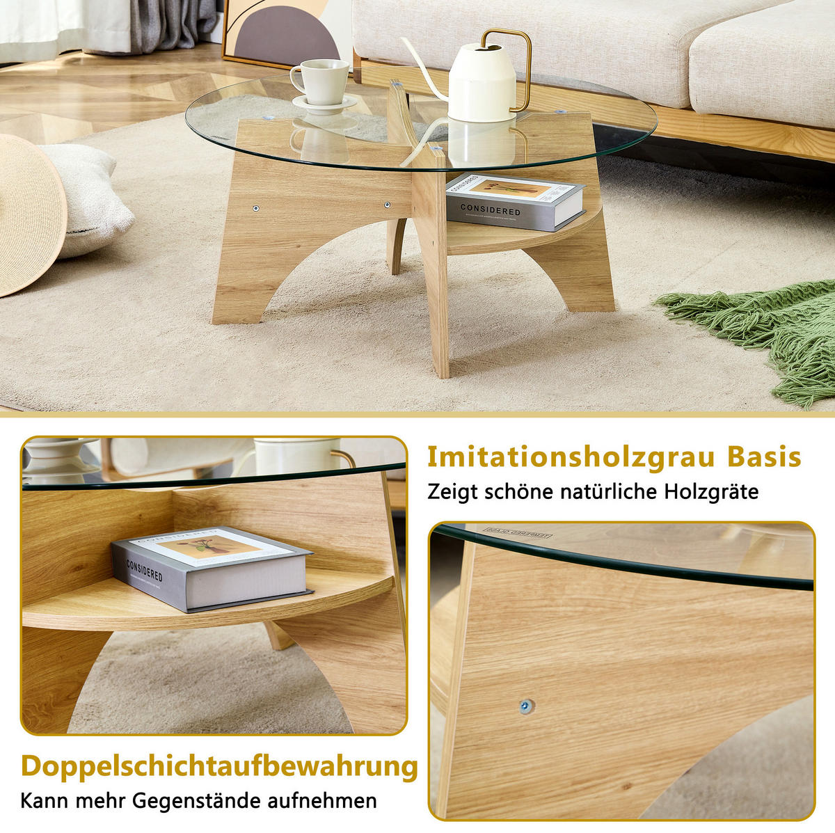 COUCHTISCH 80 cm aus Glas und MDF in Holzoptik – rund, modern und stabil - Naturfarben, Holzwerkstoff (80/80/36cm) - BEAOK