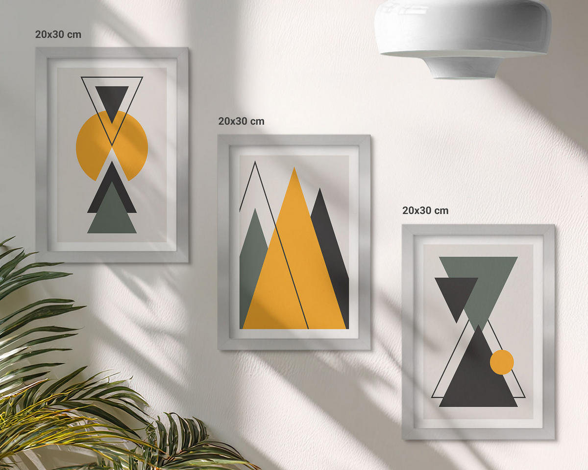 WANDBILDER 3er Set - 20x30 cm Silberner Rahmen - Abstrakte geometrische Formen - Silberfarben, Kunststoff (20/30cm) - ArtPrintCave