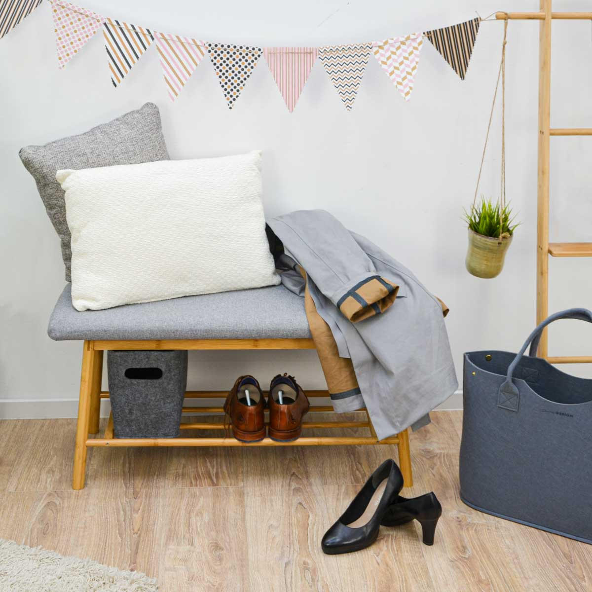SITZBANK-SCHUHREGAL 90/34/44 cm, Hellgrau - Grau, Kunststoff (34/44/90cm) - Dunedesign