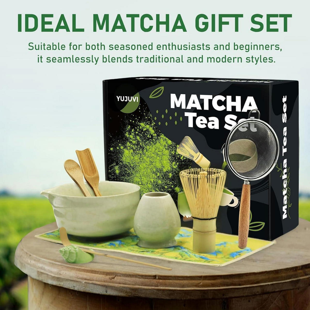 MATCHA Tee Set 9-teiliges Set mit Matcha Besen und Schale - Grün, Keramik (14/7/30cm)
