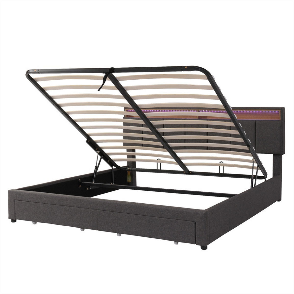 POLSTERBETT 180x200 cm - mit LED-Beleuchtung - aufklappbarem Kopfteil&hydraulischem Bettkasten und 2 Schubladen - Grau, Textil (180/200cm) - DELFA