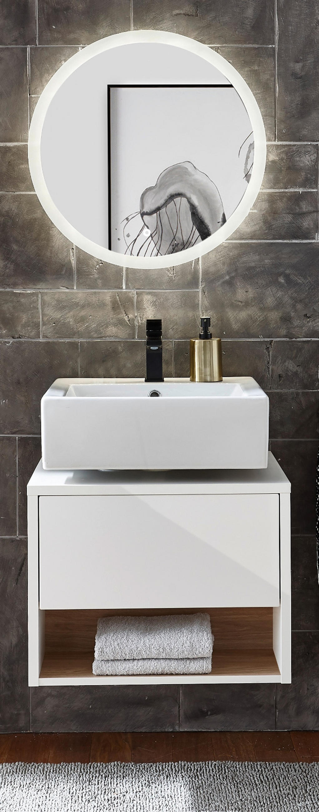 BADMÖBEL-SET 2-teilig weiß Hochglanz, Eiche, Badmöbel mit LED Beleuchtung 60 cm - Weiß Hochglanz, Glas/Holzwerkstoff (60/190/46cm) - Furn.Design