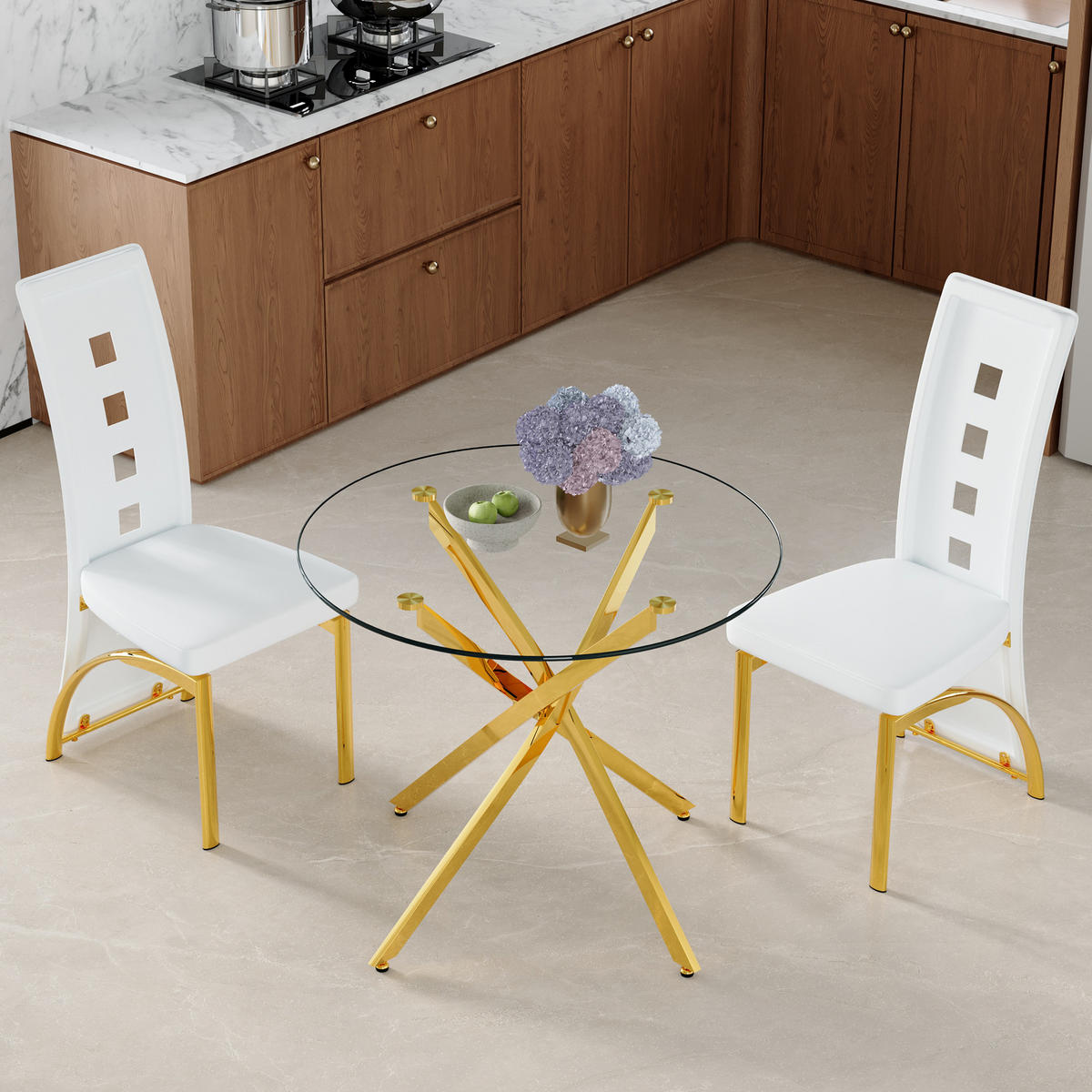 ESSGRUPPE DE-39452 3-teilig, Glastisch und 2 Stühlen mit Lochmuster Weiß/Gold - Goldfarben/Weiß, Metall (88/75/88cm) - ComfortXL