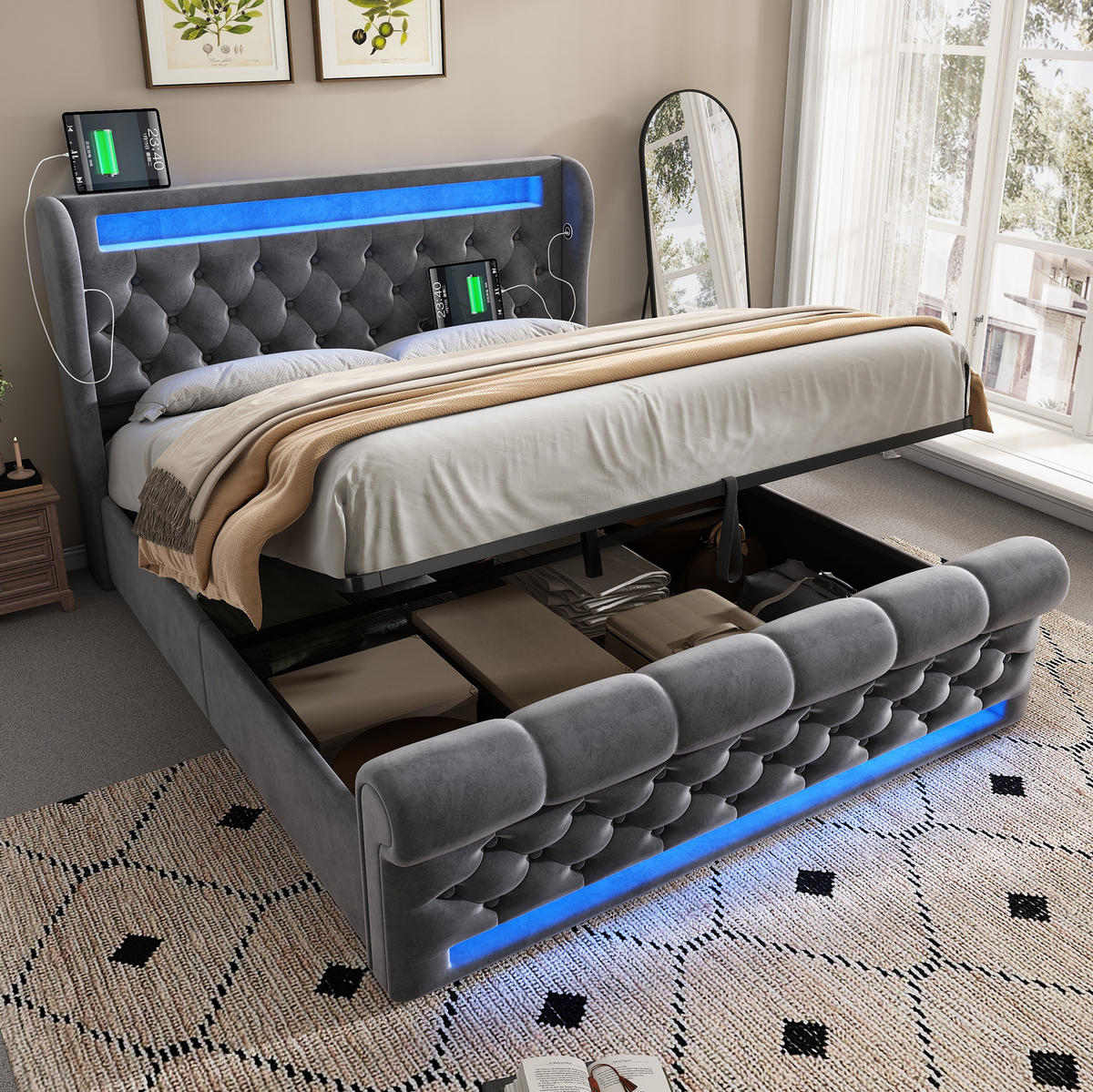 BETT mit LED, Stauraum und Matratze 140x200 cm Samt Grau - Grau, Metall (140/200cm) - Meubliv