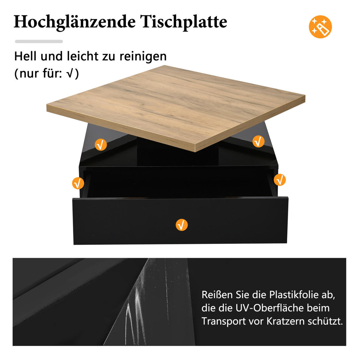 COUCHTISCH 70/70/36 cm in Walnuss/Schwarz mit Drehplatte und Schublade - Schwarz, Holzwerkstoff (70/70/36cm) - Flora Grace