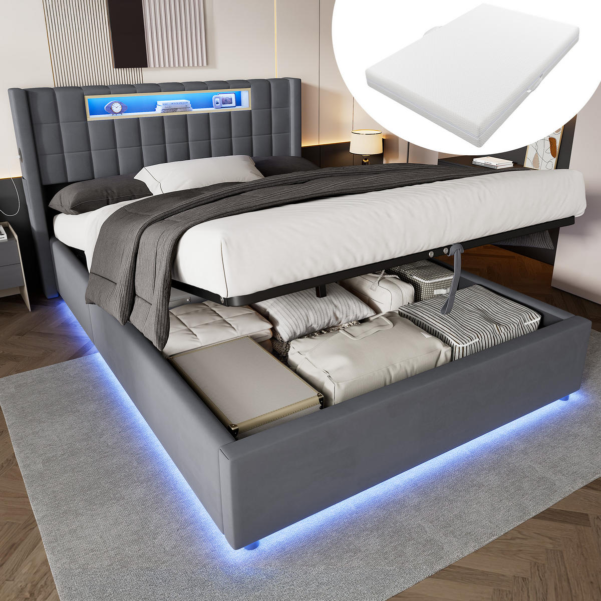 POLSTERBETT 140×200 mit Matratze, Hydraulische Bettkasten und LED Beleuchtung in Grau, Samtbezug - Grau, Holzwerkstoff/Textil (140/200cm) - STILVORA