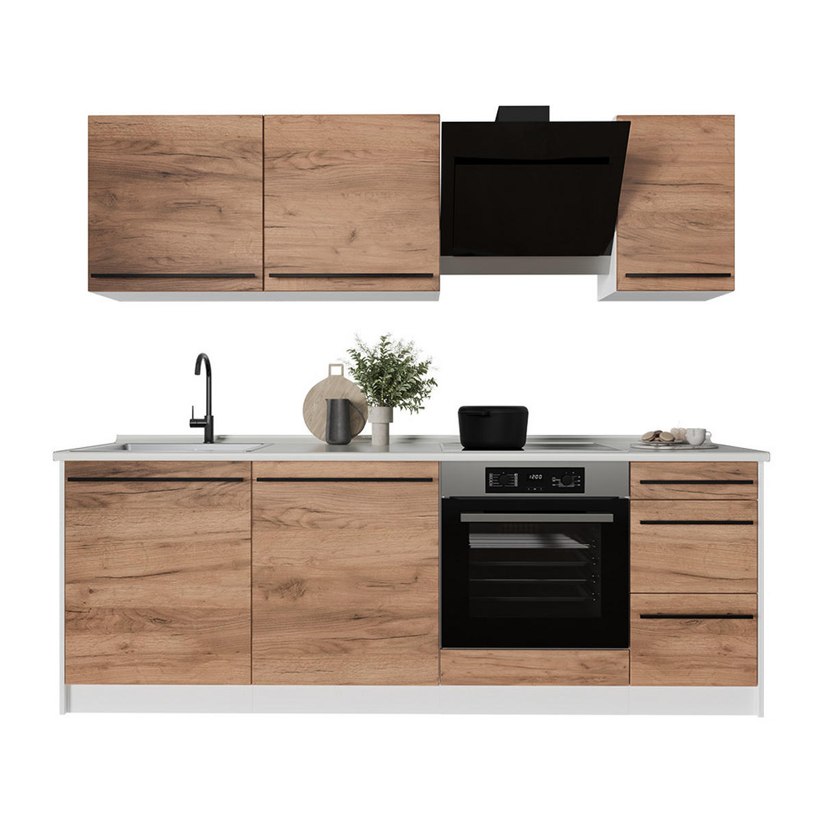 KÜCHENZEILE R-Line, Goldkraft Eiche/Weiß, 220 cm Arbeitsplatte Marmor - Honigeiche/Weiß, Holzwerkstoff (220/81.6/60cm) - Vicco