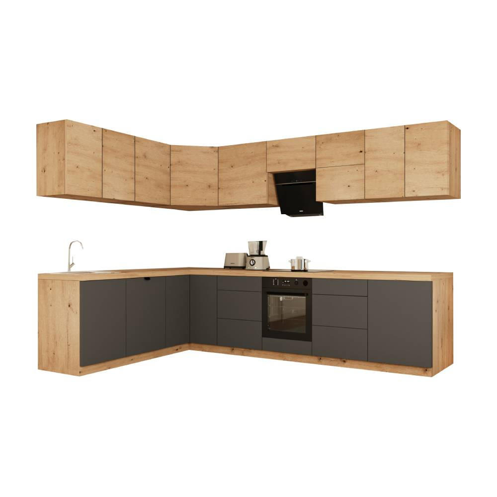 WINKELKÜCHE 320cm x 200cm- Langen KL15-M320 - in Grau / Artisan Eiche - Eiche Artisan/Grau, Holz (520/212/52cm)