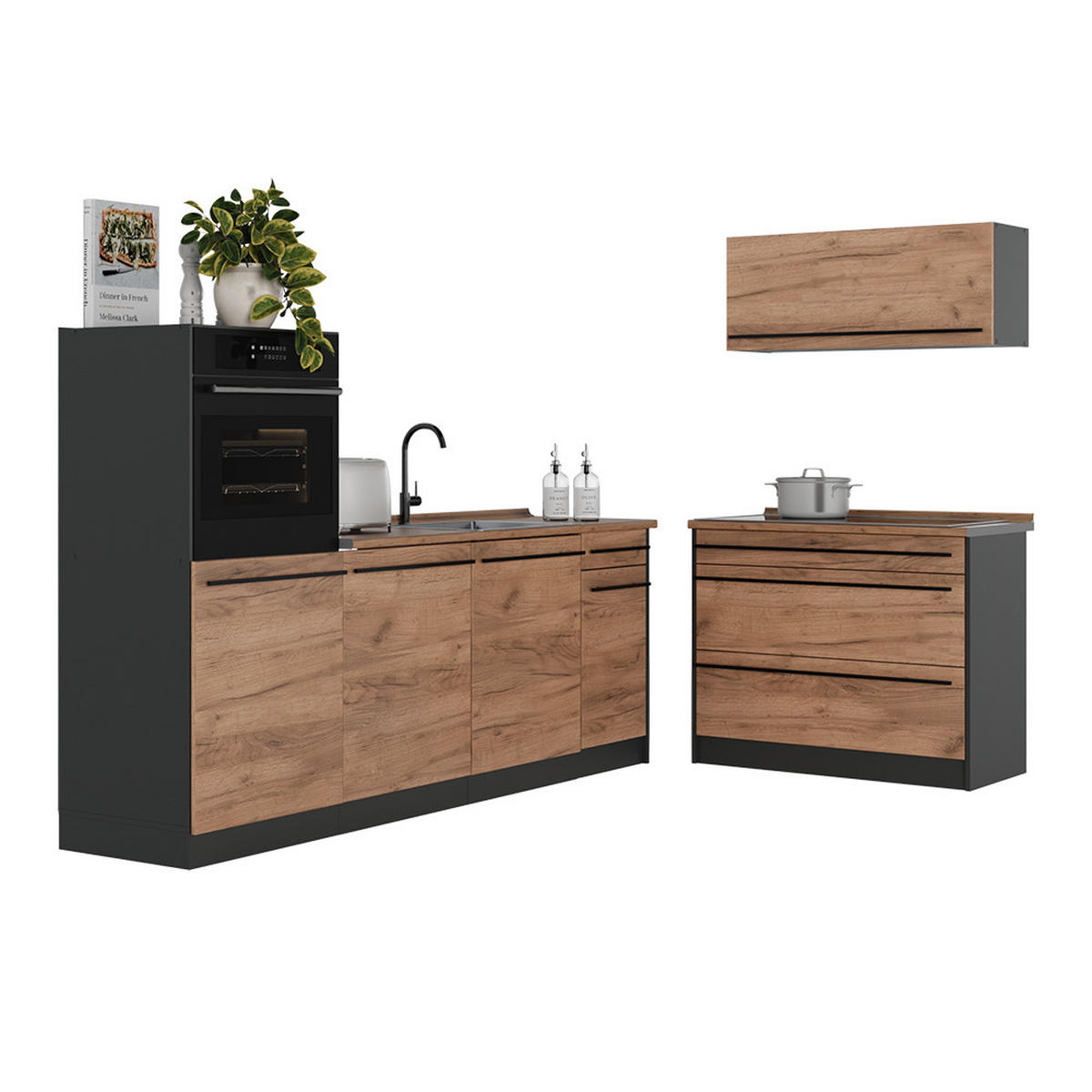 KÜCHENZEILE R-Line, Goldkraft Eiche/Anthrazit, 220 cm Arbeitsplatte Anthrazit - Honigeiche/Anthrazit, Holzwerkstoff (220/143/60cm) - Vicco