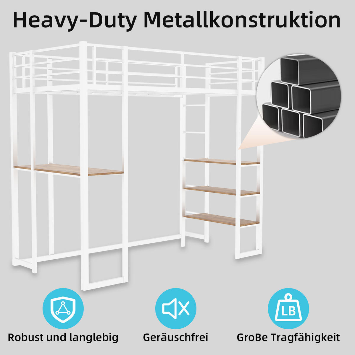 HOCHBETT 90/200 cm mit Schreibtisch, beidseitiger Leiter und stabilem Metallrahmen, Weiß - Weiß, Metall (90/200cm) - Redom