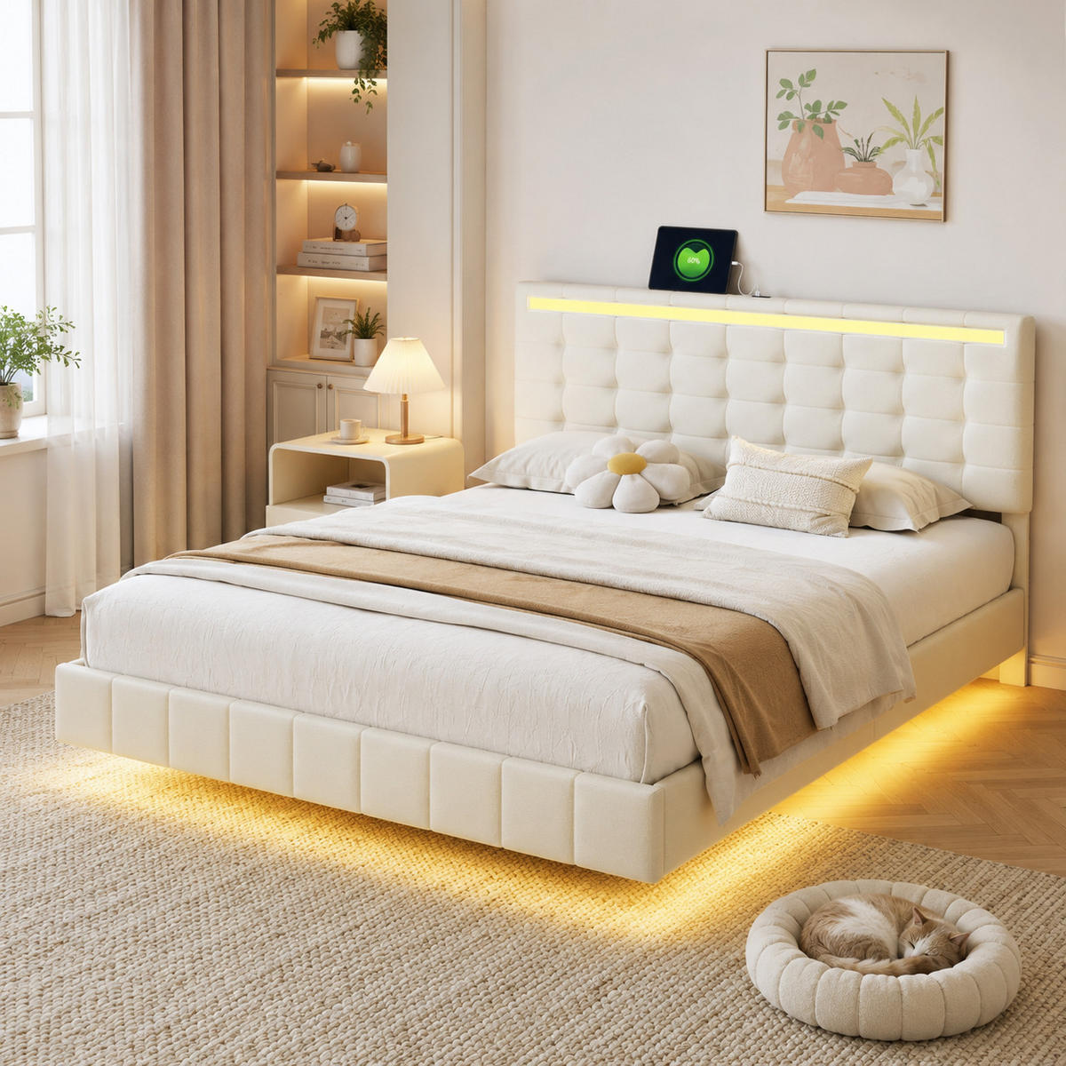 POLSTERBETT 140/200 cm mit LED, Bettgestell mit USB-C Anschluss, Doppelbett mit Polsterkopfteil und Lattenrost, Beige - Beige, Holz/Metall (140/200cm) - Joyfair