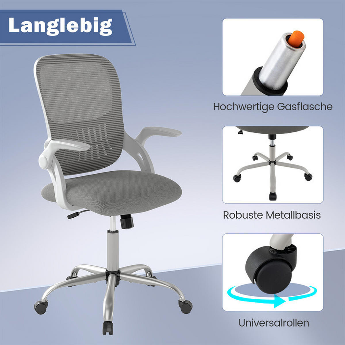 BÜROSTUHL mit klappbaren Armlehnen und Wippfunktion grau - Grau, Metall (63.5/97/58cm) - COSTWAY