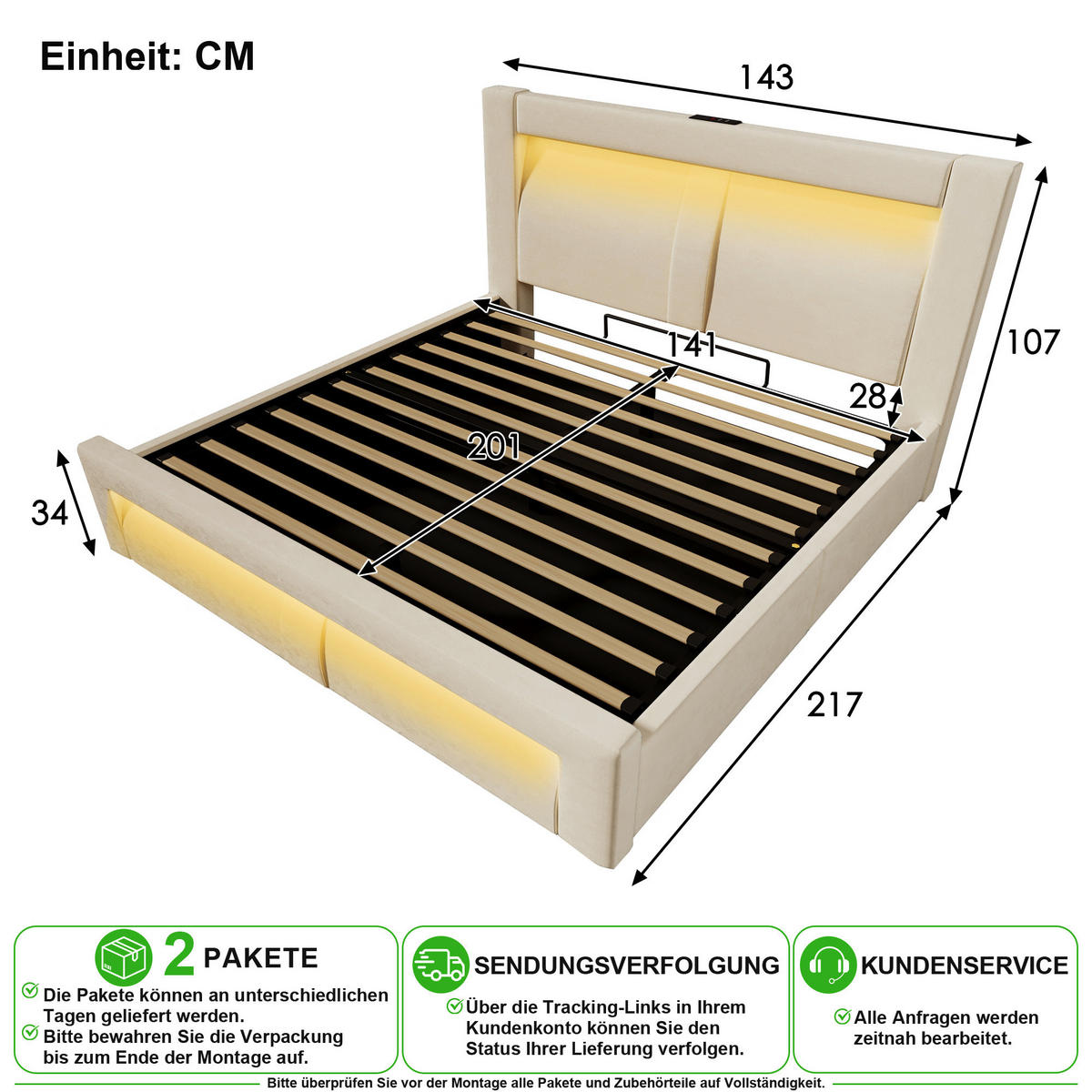 ČALOUNĚNÁ POSTEL 140/200 cm v béžové barvě s úložným prostorem, LED a USB-C - béžová, kov/kompozitní dřevo (140/200cm) - CHICFURN
