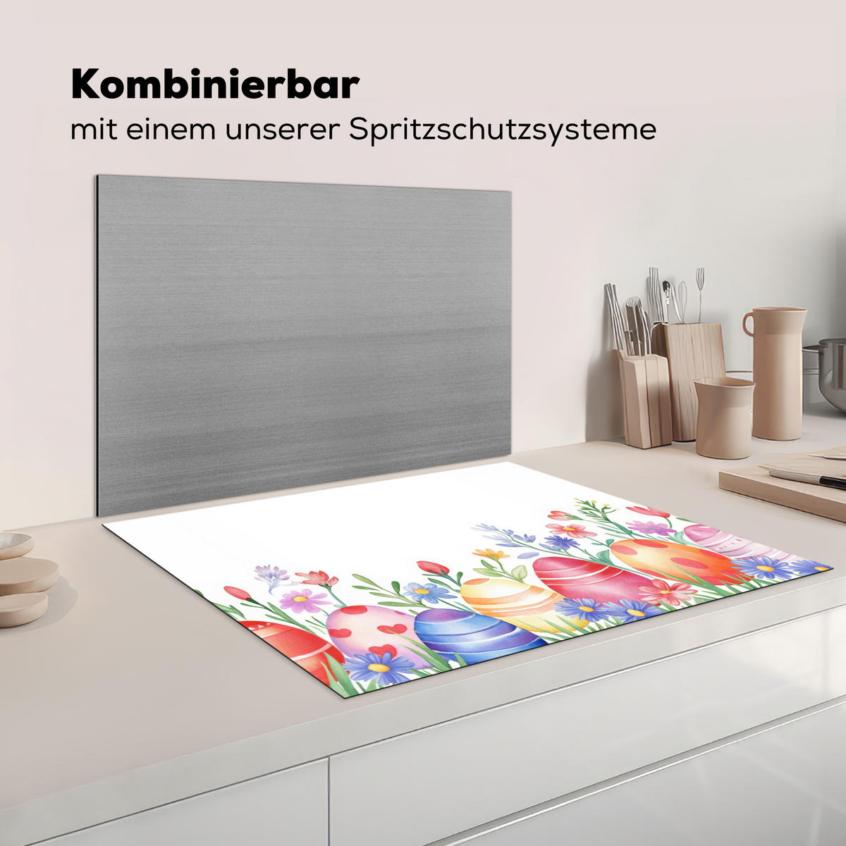 HERDABDECKPLATTE Blumengarten - Bunt - Eier Induktionsmatte 77x59 cm - Weiß, Kunststoff (77/59/0.2cm) - MuchoWow