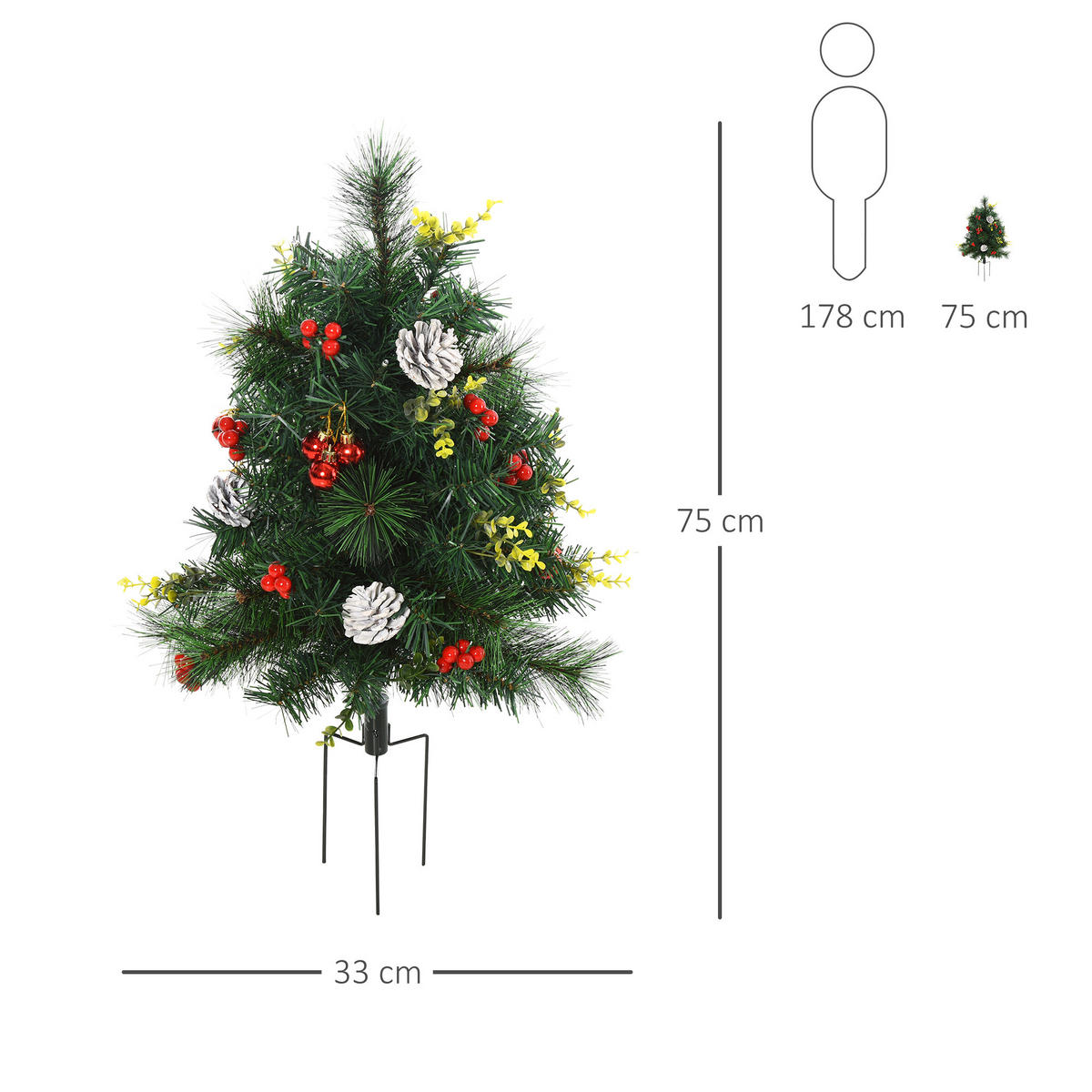 2-ER Set Weihnachtsbäume Mini Künstlicher Christbaum mit rote Beere LED IP44 - Grün, Kunststoff (75cm) - HOMCOM