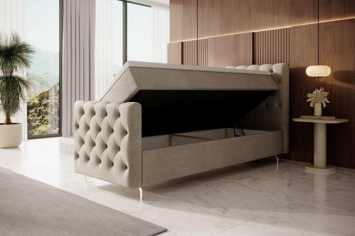 BOXBETT CHESTER PLUS mit Matratze H3, Bonell und Topper 80x200 Monolith 02 Rechts - Beige, Textil (80/200cm) - Bedante